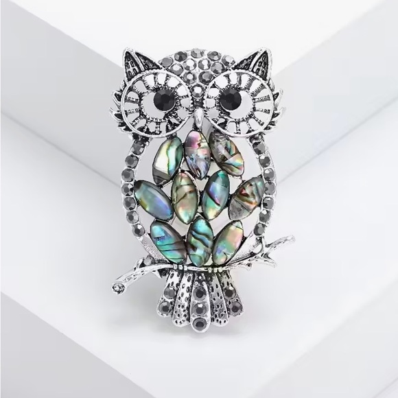 🦉 Silver Owl Brooch with Crystals &  Abalone Accents 🦉 - Picture 7 of 7